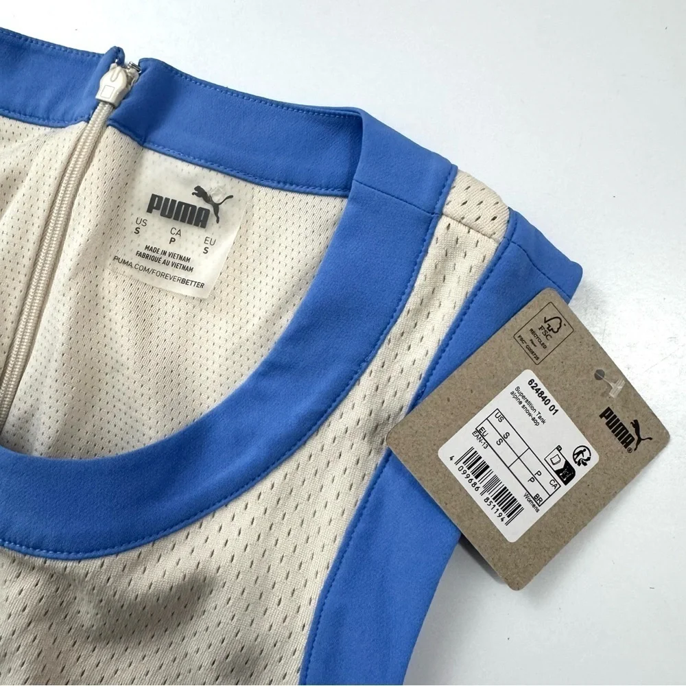 NWT Puma Superstition Women's Sz S Basketball Tank Top Pleated Sided Ivory /Blue
